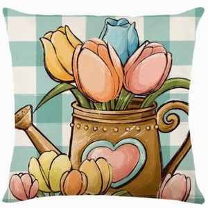 NEW Easter/Spring Watering Can & Tulips Linen Throw Pillow Case/Cover 17.7"